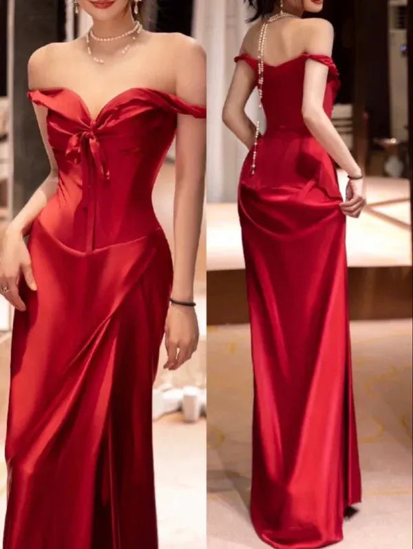 Luxurious Mermaid Off-the-Shoulder Bow-Accented Red Satin Maxi Prom Dress for Women Custom