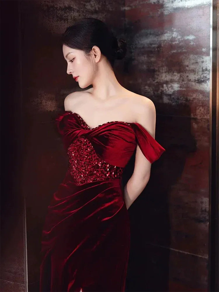 Luxurious Mermaid Off-the-Shoulder Sleeveless Sequin Velvet Burgundy Maxi Prom Dress
