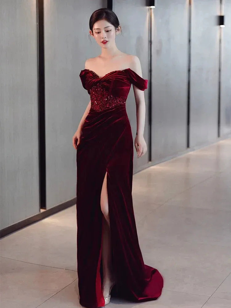 Luxurious Mermaid Off-the-Shoulder Sleeveless Sequin Velvet Burgundy Maxi Prom Dress