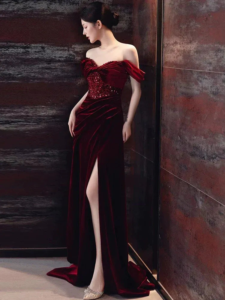 Luxurious Mermaid Off-the-Shoulder Sleeveless Sequin Velvet Burgundy Maxi Prom Dress