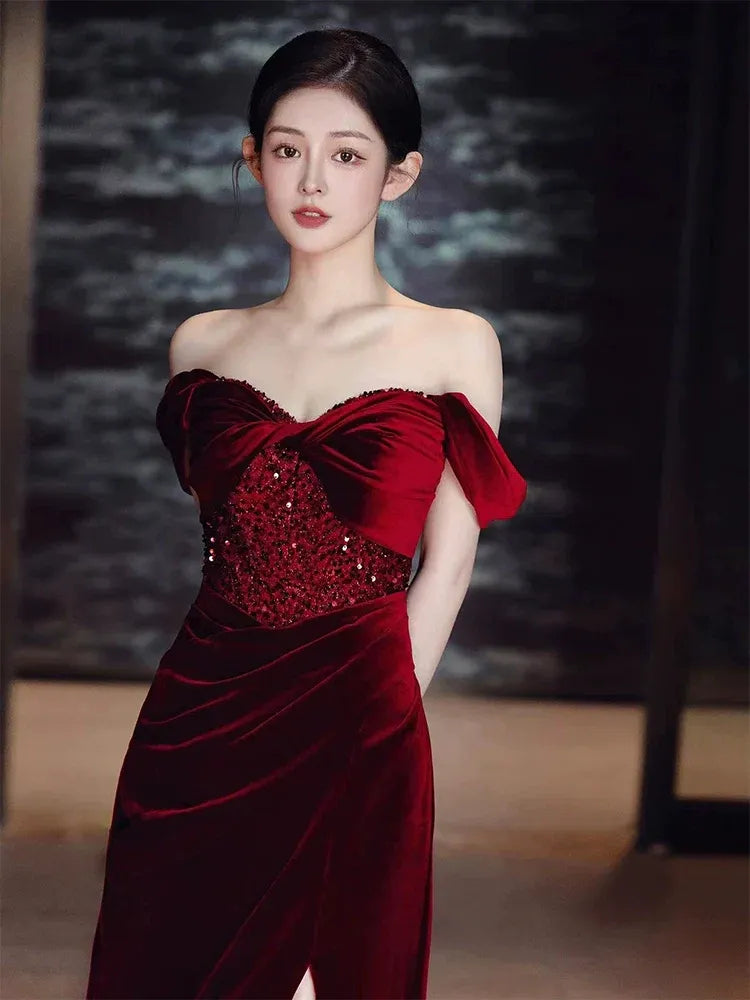 Luxurious Mermaid Off-the-Shoulder Sleeveless Sequin Velvet Burgundy Maxi Prom Dress