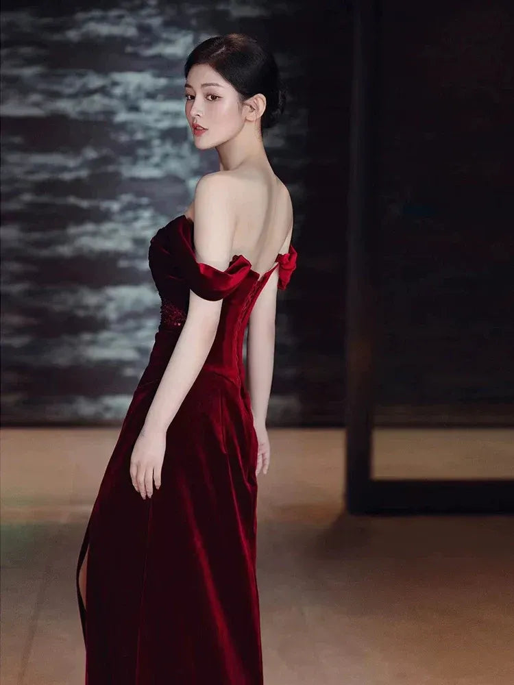 Luxurious Mermaid Off-the-Shoulder Sleeveless Sequin Velvet Burgundy Maxi Prom Dress