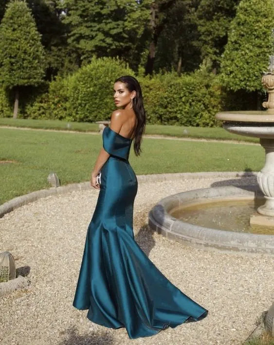 Luxurious Mermaid Off-the-shoulder Sleeveless Draped Teal Floor-length Prom Dress for Women Ready to Ship