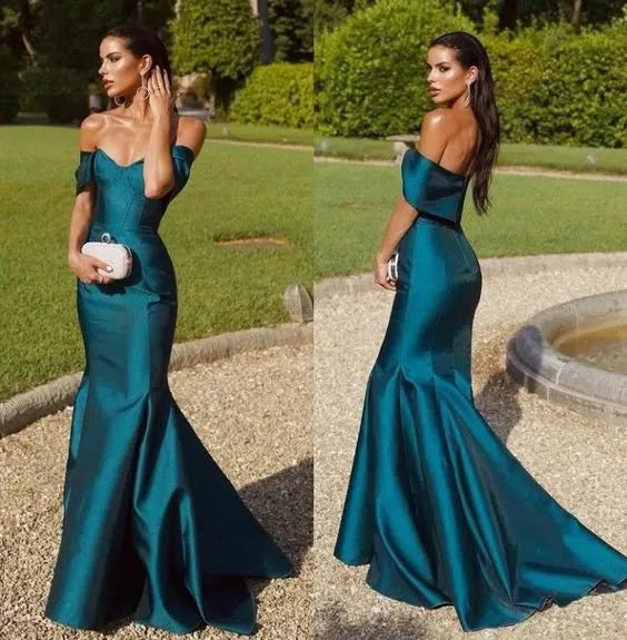 Luxurious Mermaid Off-the-shoulder Sleeveless Draped Teal Floor-length Prom Dress for Women Ready to Ship