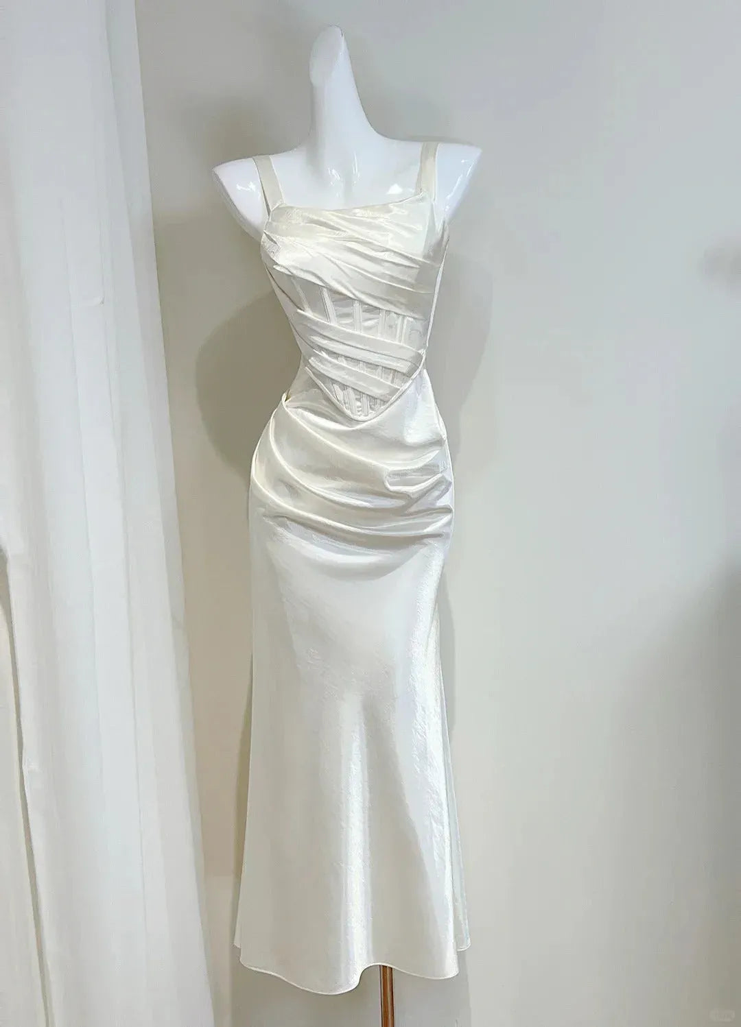 Luxurious Mermaid Square Neck Sleeveless Ruched Ivory Midi Prom Dress for Women Ready to Ship