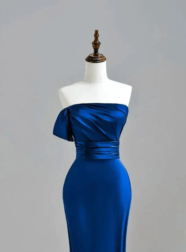 Luxurious Mermaid Strapless Sleeveless Draped Royal Blue Floor-length Prom Dress for Women Ready to Ship