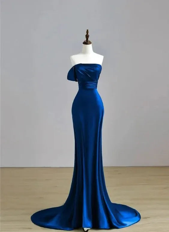 Luxurious Mermaid Strapless Sleeveless Draped Royal Blue Floor-length Prom Dress for Women Ready to Ship