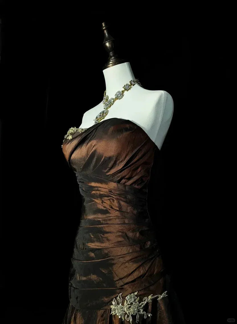 Luxurious Mermaid Sweetheart Neck Sleeveless Ruched Bronze Maxi Prom Dress for Women Custom