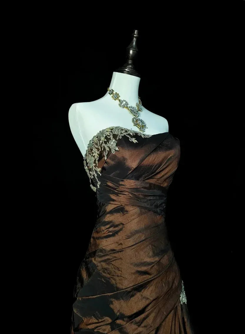 Luxurious Mermaid Sweetheart Neck Sleeveless Ruched Bronze Maxi Prom Dress for Women Custom