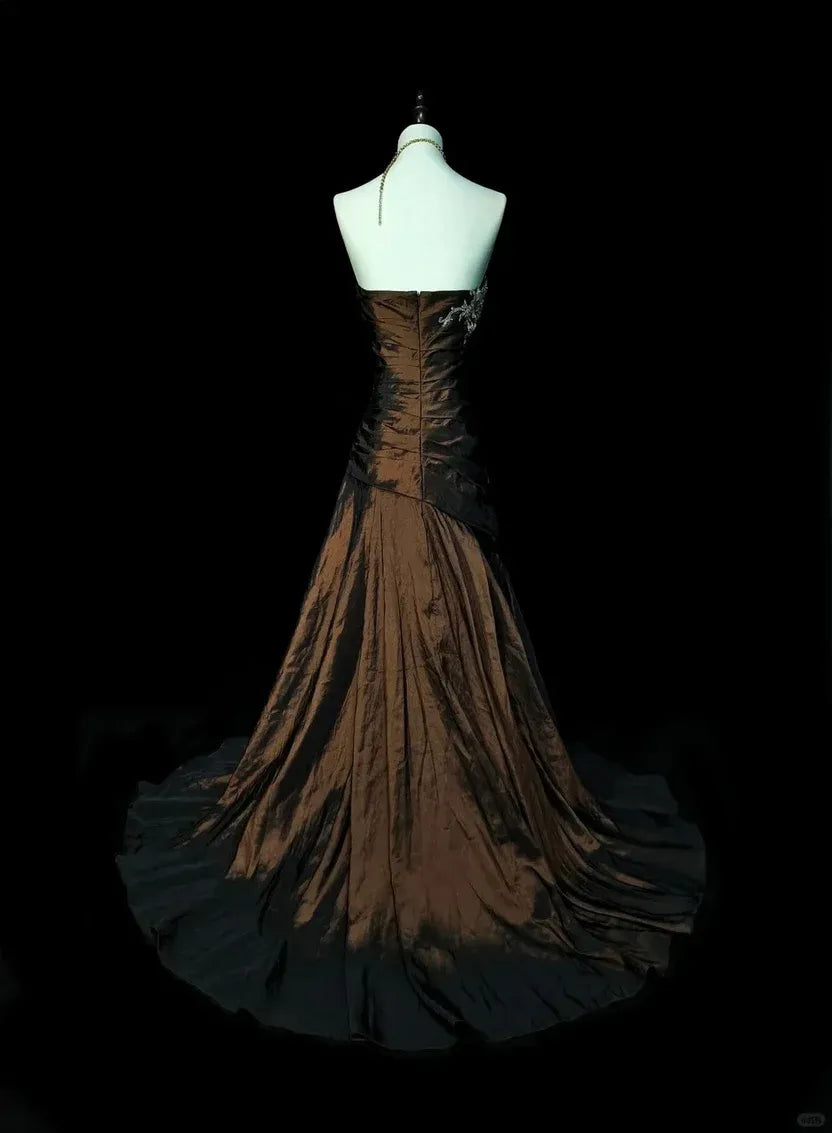 Luxurious Mermaid Sweetheart Neck Sleeveless Ruched Bronze Maxi Prom Dress for Women Custom
