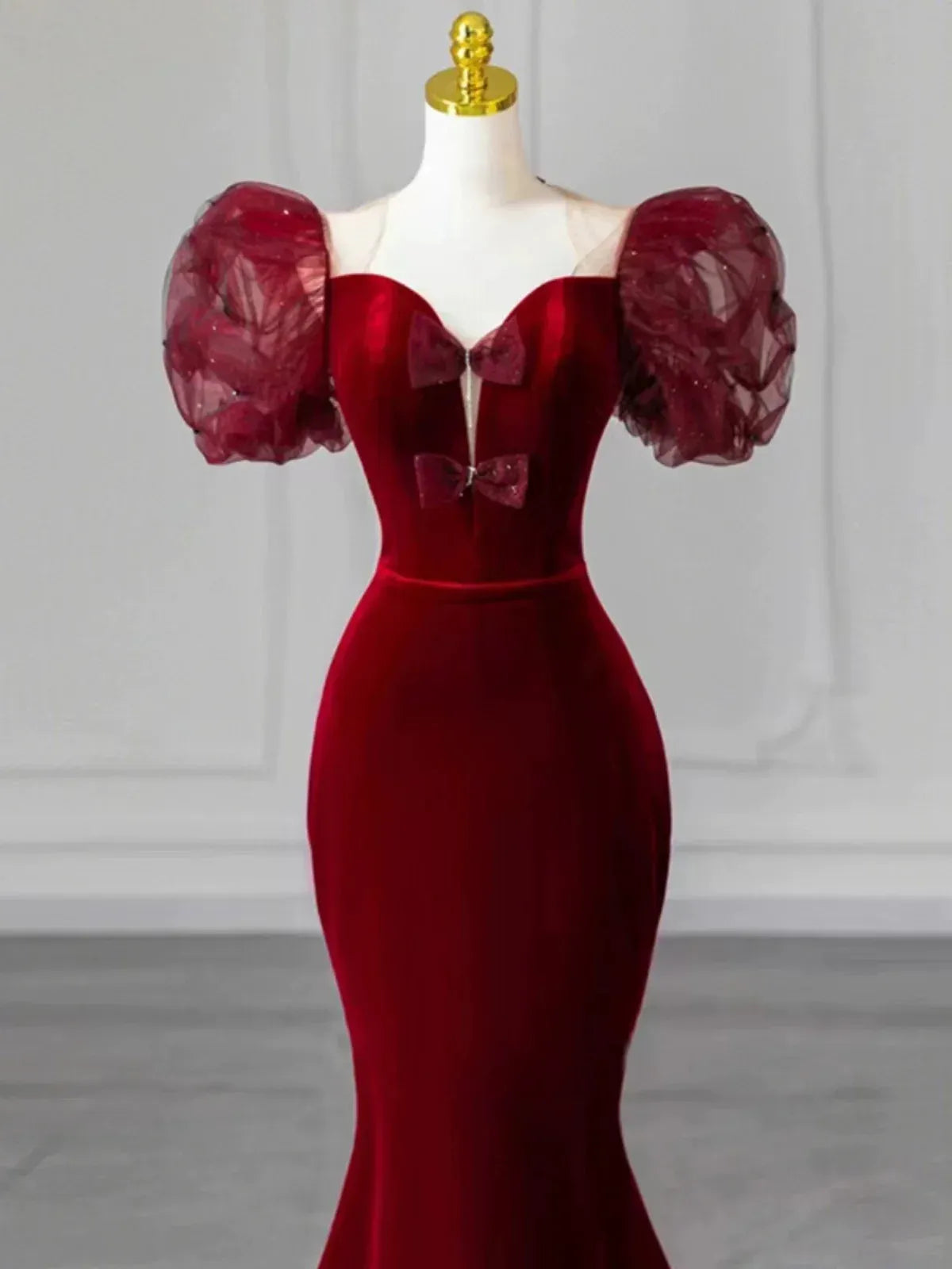 Luxurious Mermaid Sweetheart Short-Sleeve Bow-Accent Burgundy Long Prom Dress for Women Ready to Ship
