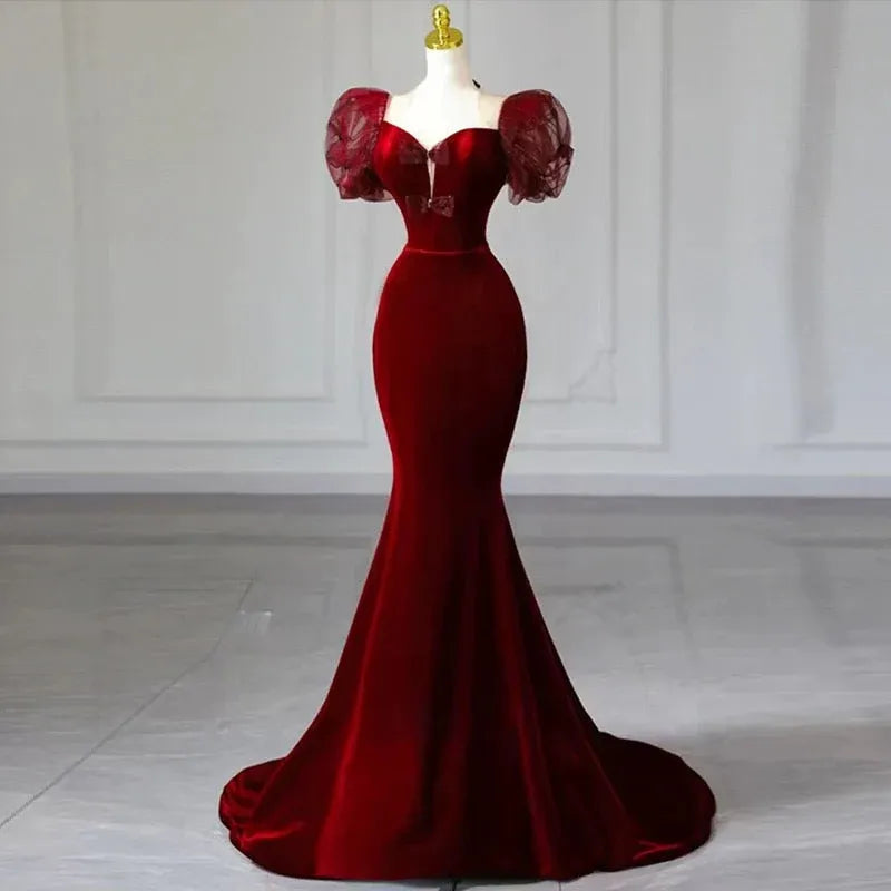 Luxurious Mermaid Sweetheart Short-Sleeve Bow-Accent Burgundy Long Prom Dress for Women Ready to Ship