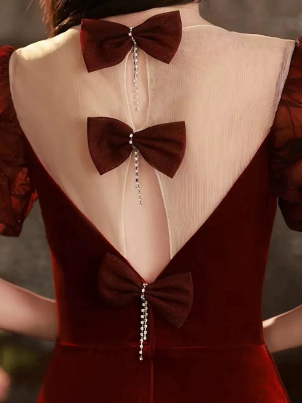 Luxurious Mermaid Sweetheart Short-Sleeve Bow-Accent Burgundy Long Prom Dress for Women Ready to Ship