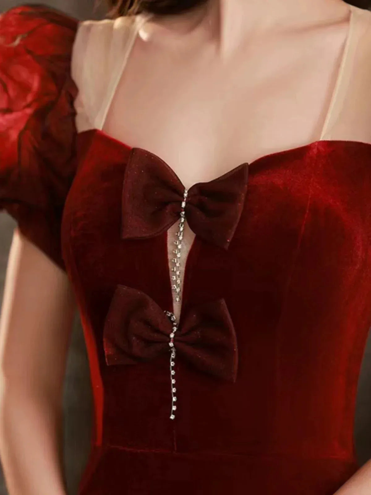 Luxurious Mermaid Sweetheart Short-Sleeve Bow-Accent Burgundy Long Prom Dress for Women Ready to Ship