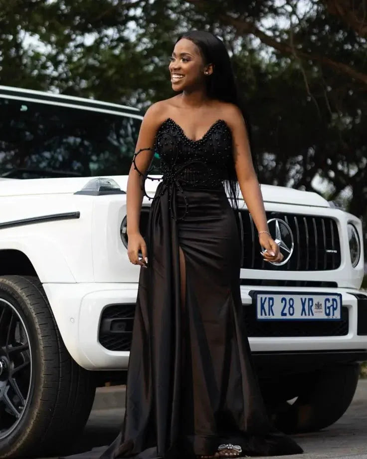 Luxurious Mermaid Sweetheart Strapless Beaded Satin Black Maxi Evening Dress for Women