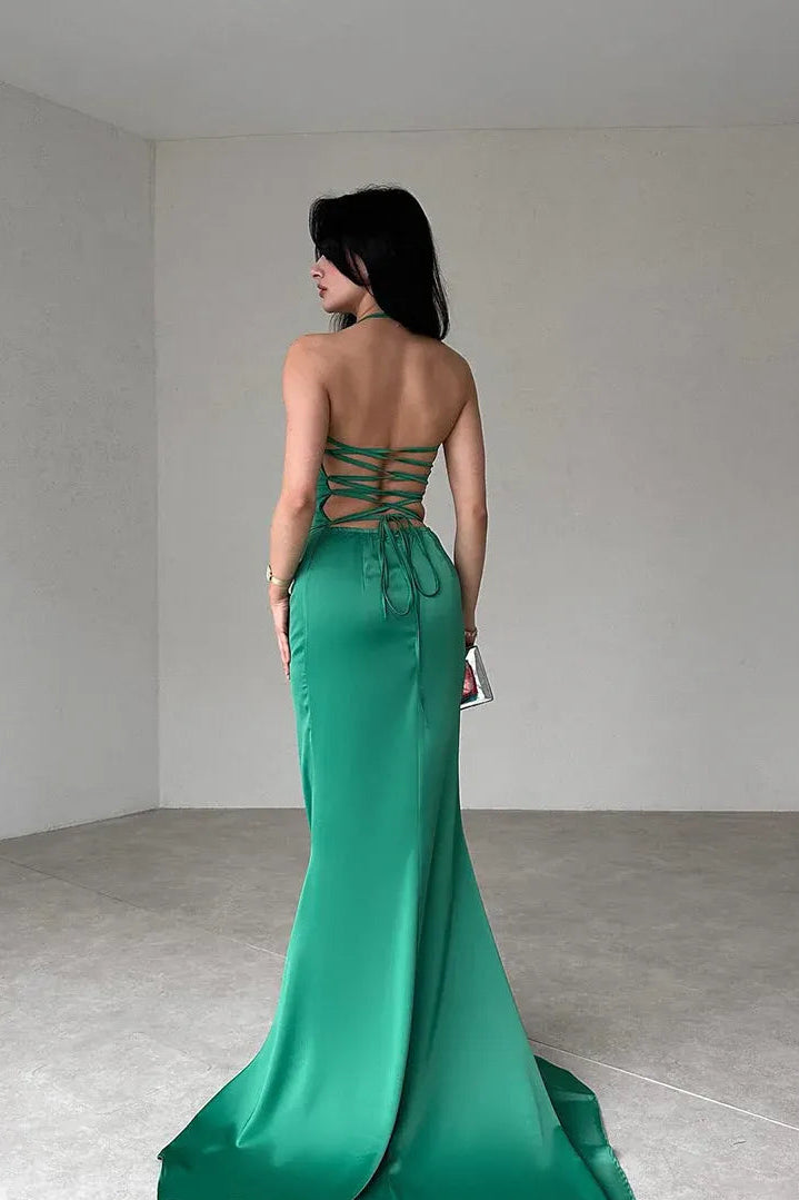 Luxurious Satin Long Evening Dress Emerald Green Halter-Neck Lace-Up for Women