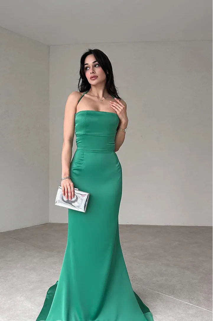Luxurious Satin Long Evening Dress Emerald Green Halter-Neck Lace-Up for Women