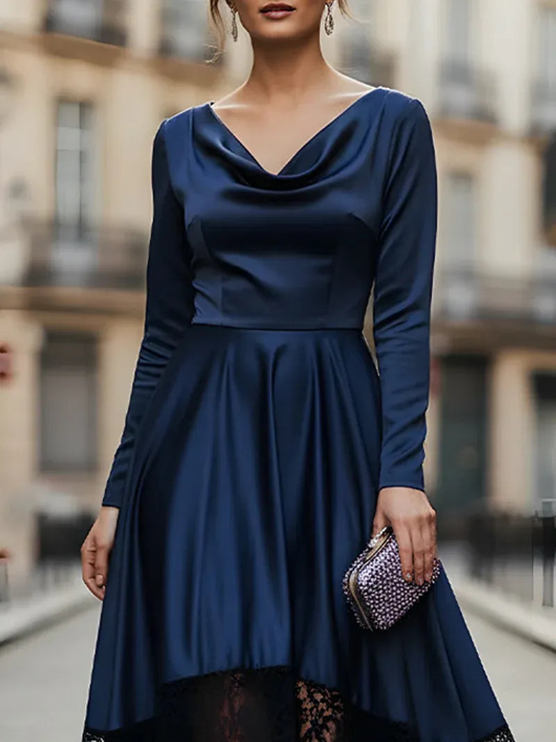 Luxurious Satin Long Evening Dress Navy Cowl-Neck Long-Sleeve Party Gown for Women