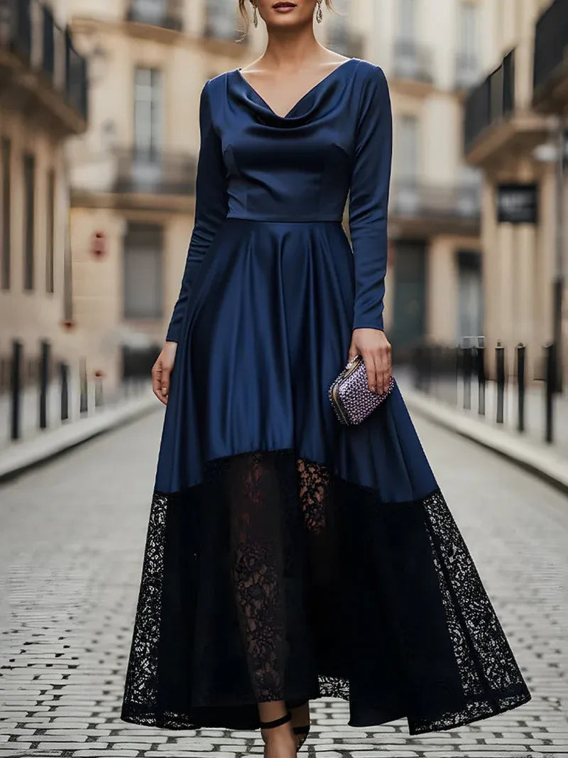 Luxurious Satin Long Evening Dress Navy Cowl-Neck Long-Sleeve Party Gown for Women