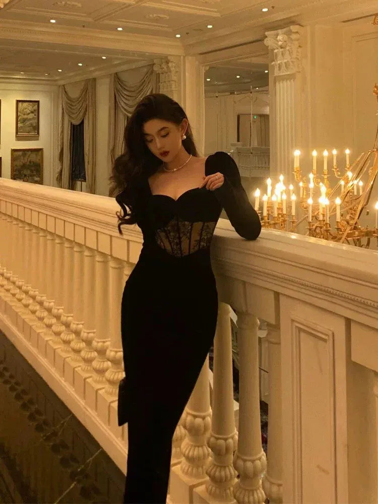 Luxurious Sheath Square Neck Long Sleeve Lace Black Midi Prom Dress