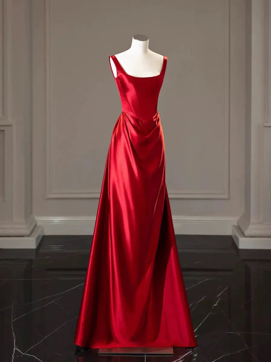 Luxurious Sheath Square Neck Sleeveless Ruched Red Maxi Prom Dress for Women Ready to Ship