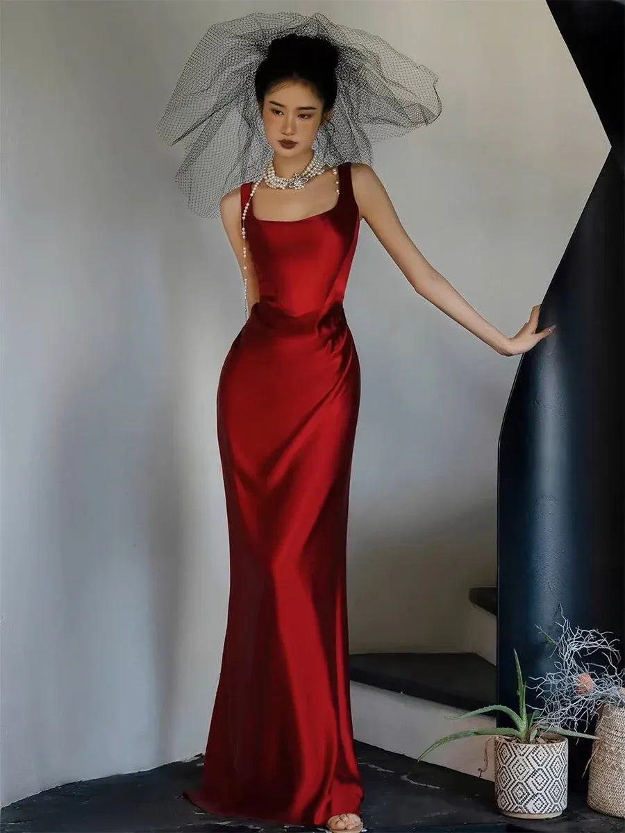 Luxurious Sheath Square Neck Sleeveless Ruched Red Maxi Prom Dress for Women Ready to Ship