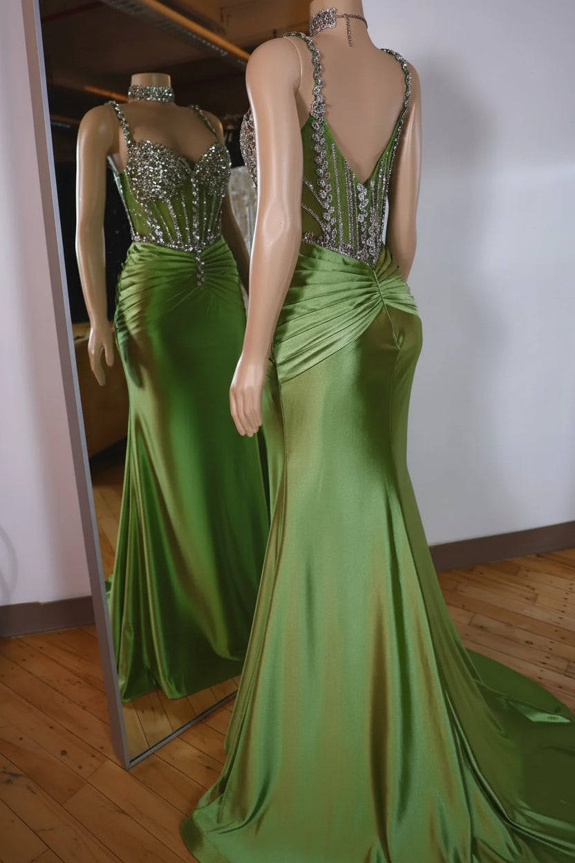 Luxurious Sweetheart Beaded Green Mermaid Prom Dress Custom
