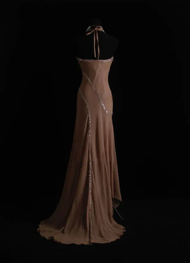 Luxurious Trumpet Halter Neck Sleeveless Beaded Champagne Maxi Prom Dress for Women Custom