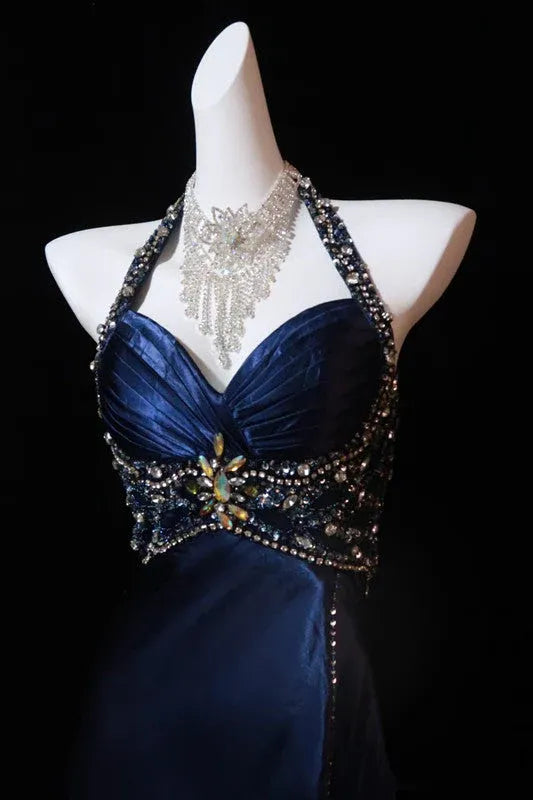 Luxurious Trumpet Halter Neck Sleeveless Beaded Navy Maxi Prom Dress for Women Custom