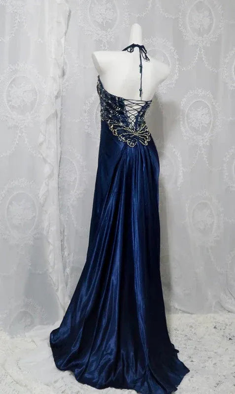 Luxurious Trumpet Halter Neck Sleeveless Beaded Navy Maxi Prom Dress for Women Custom