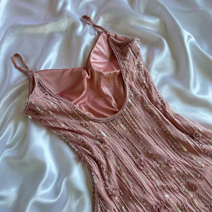 Luxurious V Neck Beaded Sequin Applique Chiffon Blush Long Party Dress