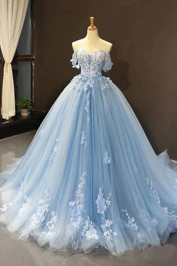 Luxury Ball Gown Off The Shoulder Sleeveless Appliques Chapel Train Prom Dress