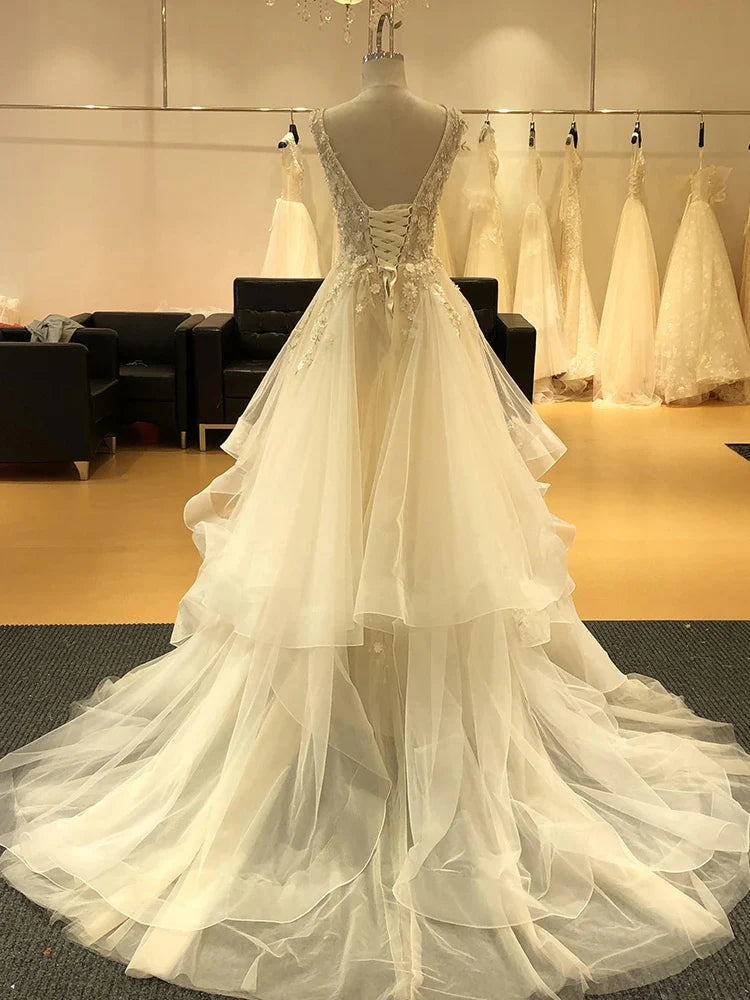 Luxury Deep V Neck Applique Beaded Tulle Prom Dress Wedding Dress