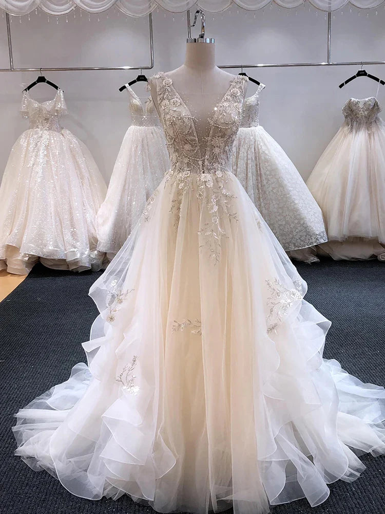 Luxury Deep V Neck Applique Beaded Tulle Prom Dress Wedding Dress