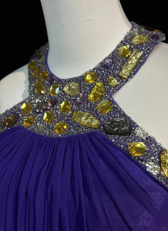 Luxury Halter Rhinestone Beading Chiffon Purple Long Party Dress