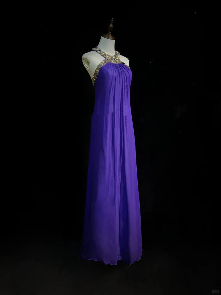 Luxury Halter Rhinestone Beading Chiffon Purple Long Party Dress