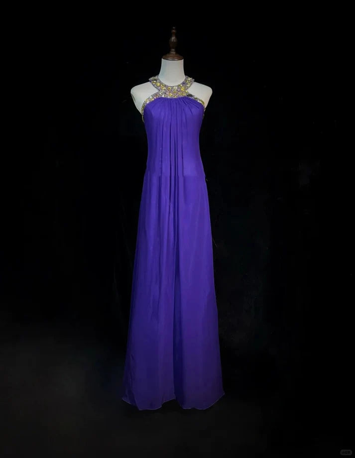 Luxury Halter Rhinestone Beading Chiffon Purple Long Party Dress