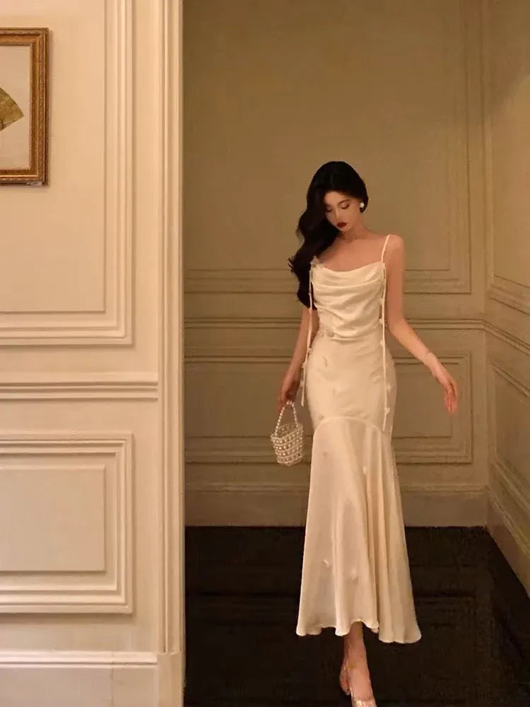 Luxury Mermaid Cowl Neck Sleeveless Satin Ivory Maxi Prom Dress for Women Ready to Ship