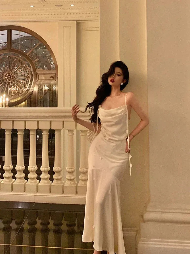 Luxury Mermaid Cowl Neck Sleeveless Satin Ivory Maxi Prom Dress for Women Ready to Ship