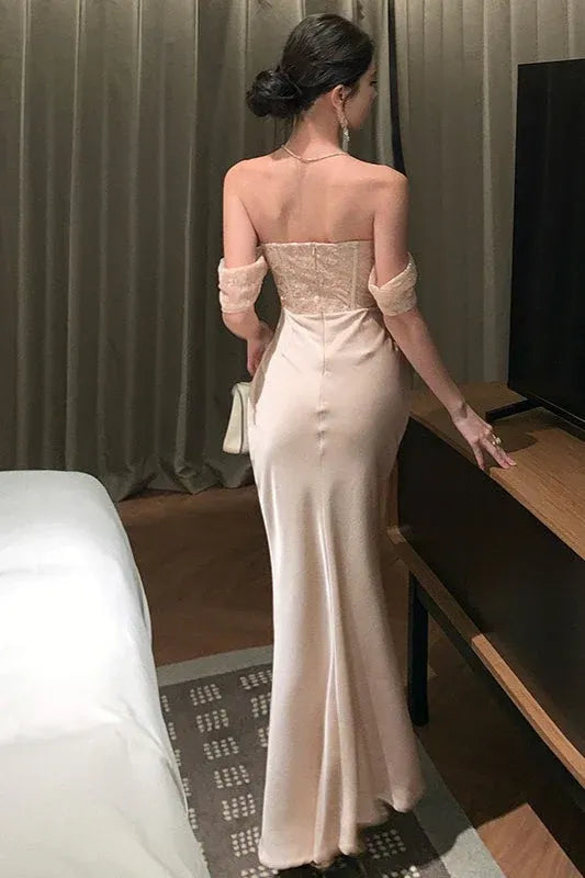 Luxury Mermaid Off-Shoulder Corset Floral Lace Champagne Floor-Length Prom Dress