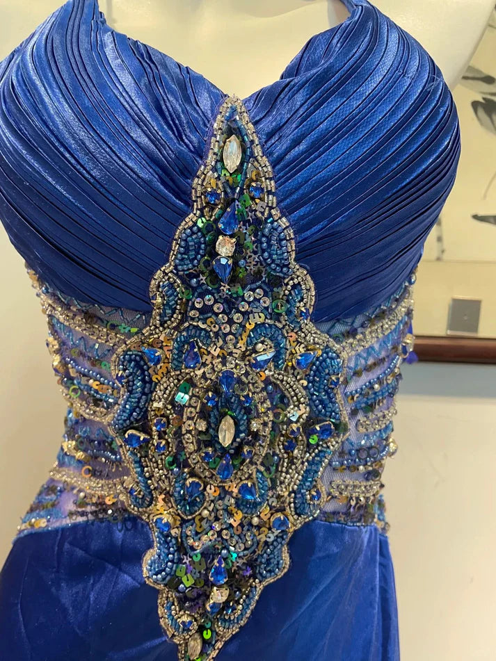 Luxury Straps Rhinestone Satin Royal Blue Long Party Dress Prom Dress