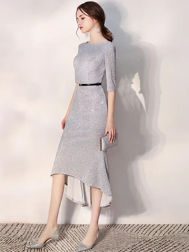 Cocktail Party Dress Jewel Neck Long Sleeve Tea Length Sequined with Sash Ribbon Sequin Ruffles
