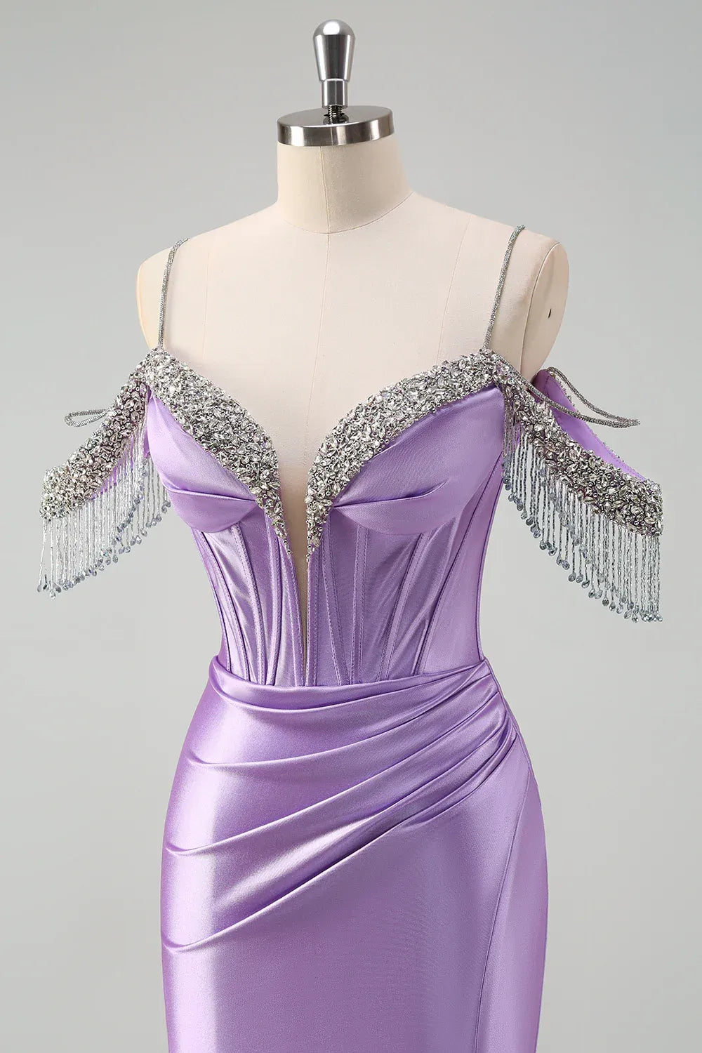Mermaid Cold Shoulder Corset Pleated Sequin Lavender Prom Dress With Tassels