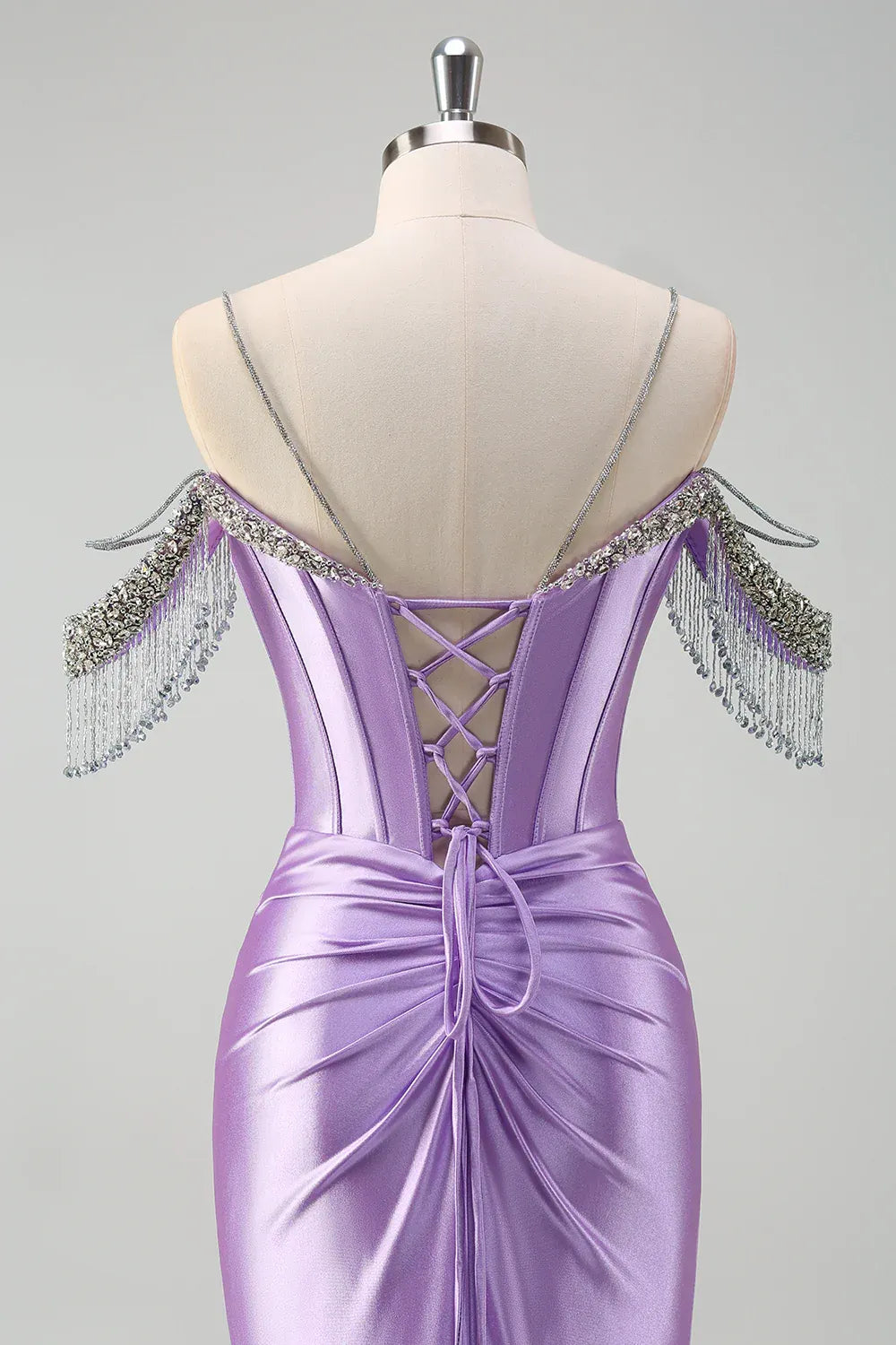 Mermaid Cold Shoulder Corset Pleated Sequin Lavender Prom Dress With Tassels