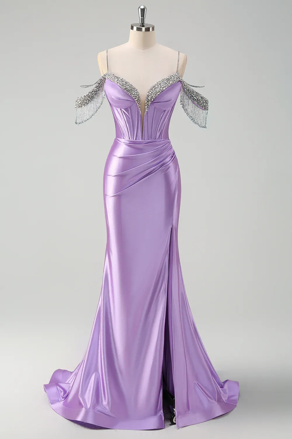 Mermaid Cold Shoulder Corset Pleated Sequin Lavender Prom Dress With Tassels