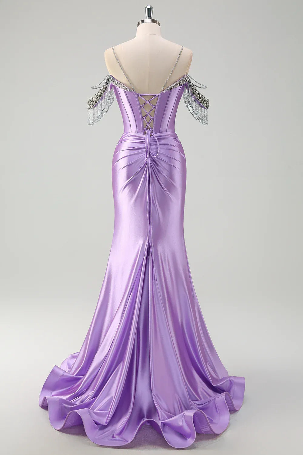 Mermaid Cold Shoulder Corset Pleated Sequin Lavender Prom Dress With Tassels