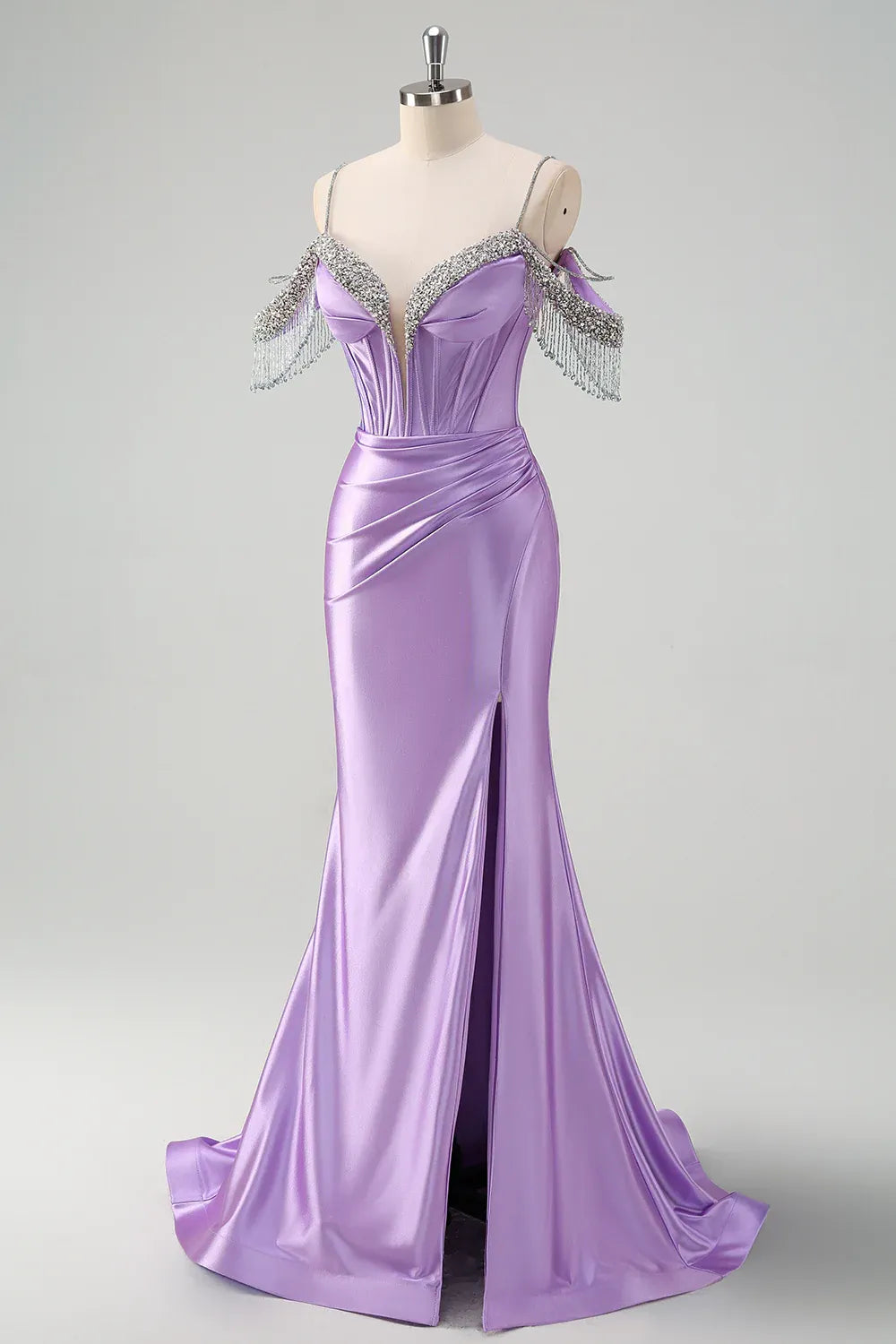 Mermaid Cold Shoulder Corset Pleated Sequin Lavender Prom Dress With Tassels