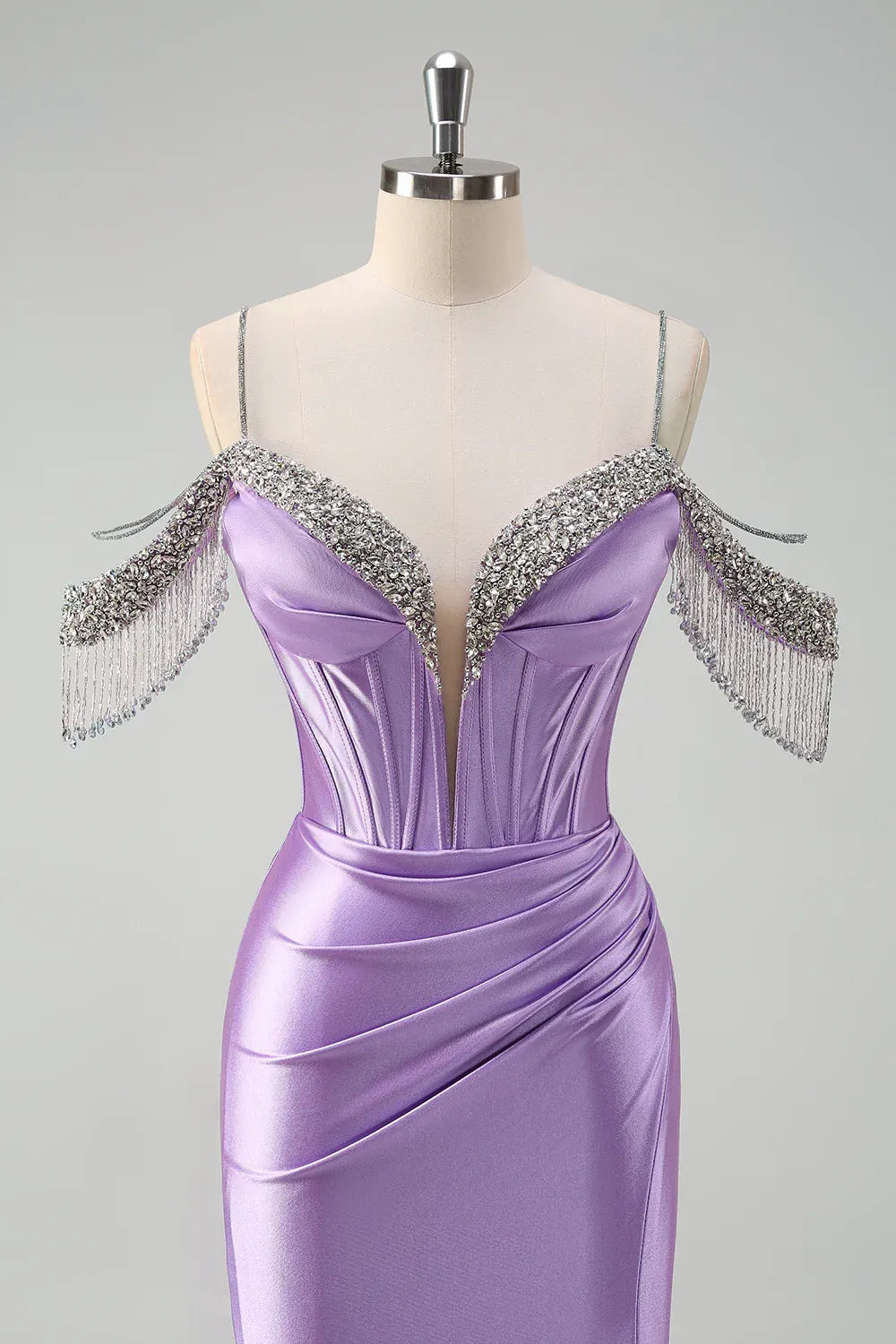 Mermaid Cold Shoulder Corset Pleated Sequin Lavender Prom Dress With Tassels
