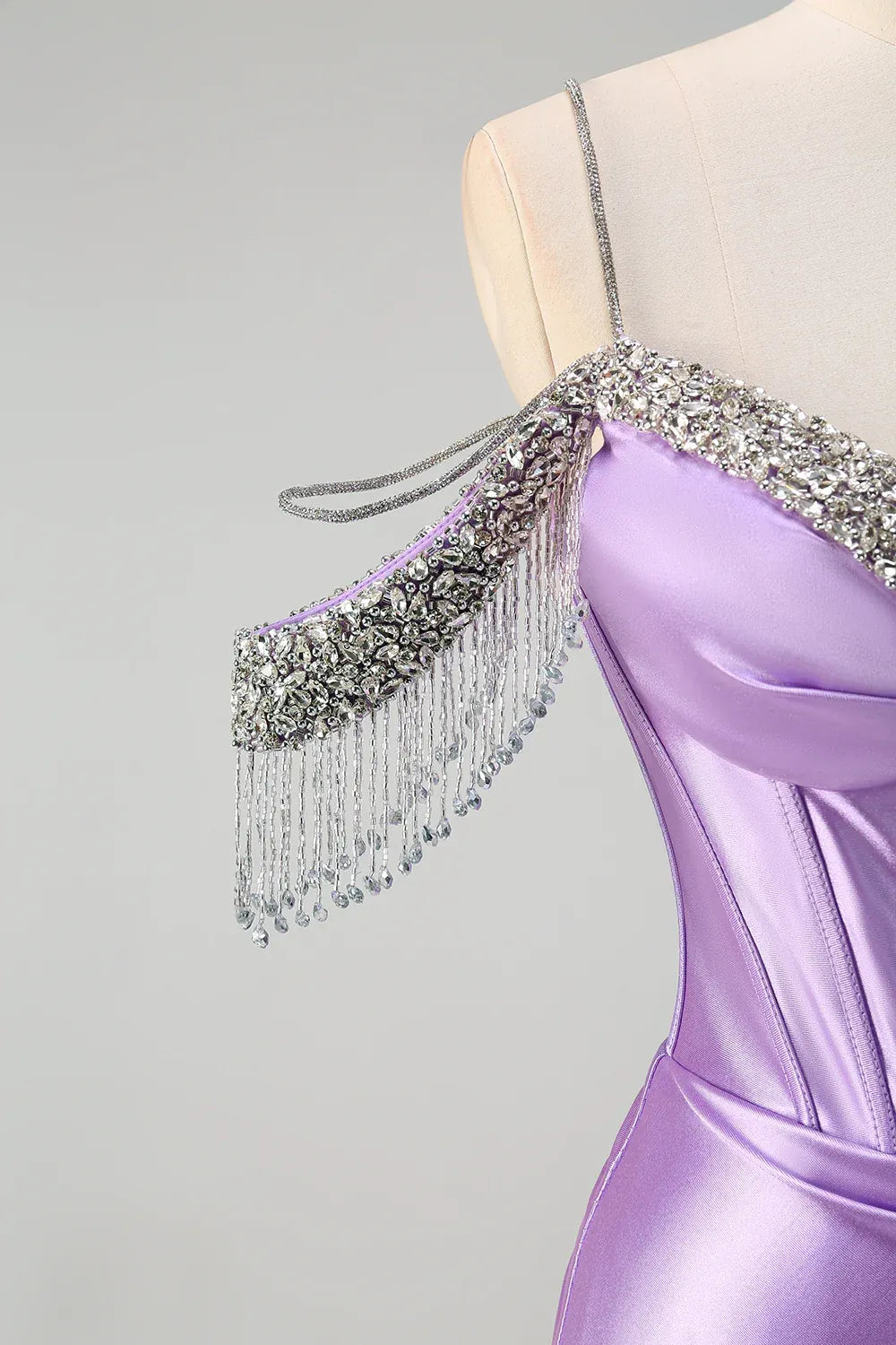 Mermaid Cold Shoulder Corset Pleated Sequin Lavender Prom Dress With Tassels