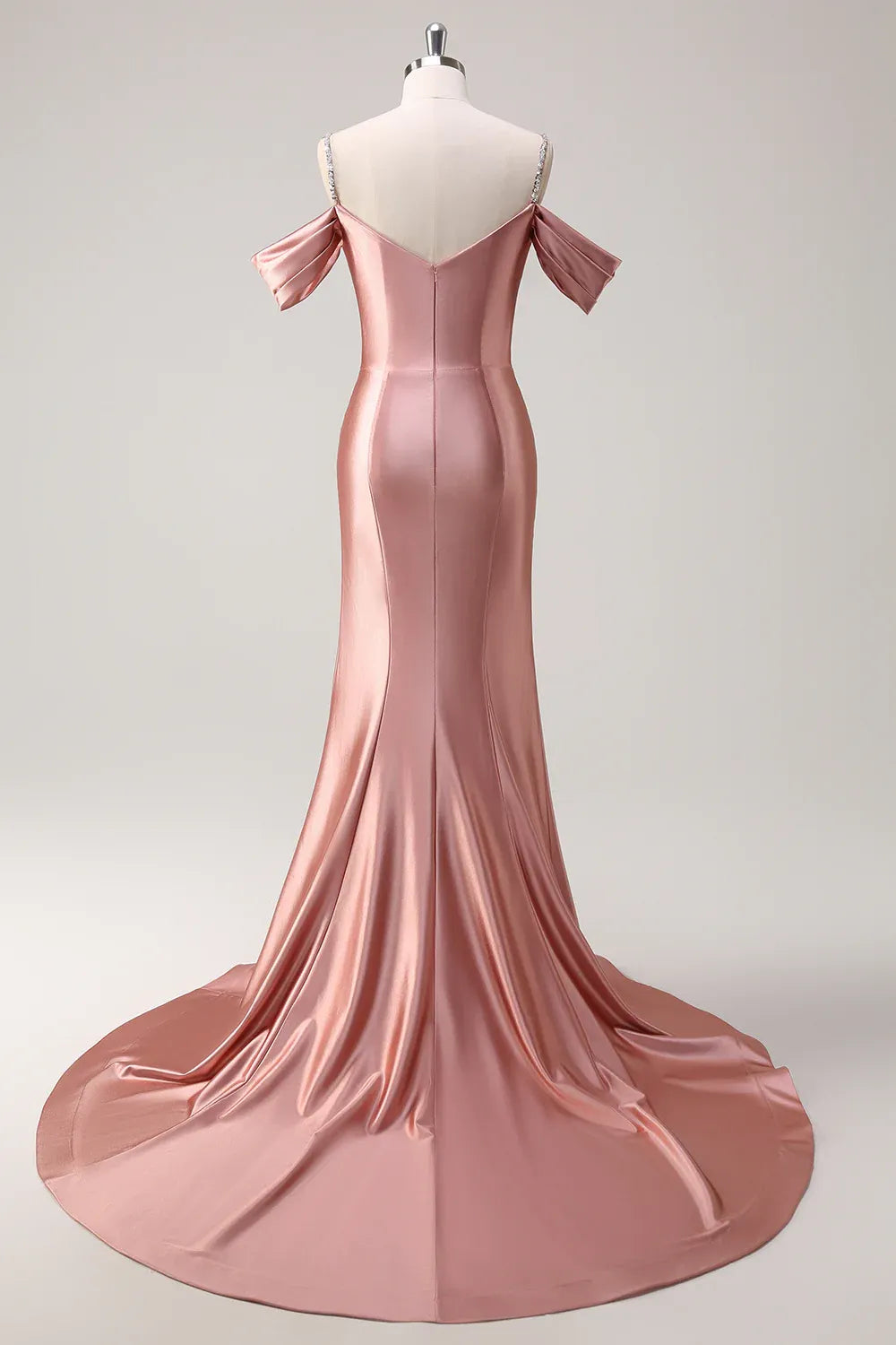 Mermaid Cold Shoulder Pleated Sequins Satin Rose Gold Long Prom Dress